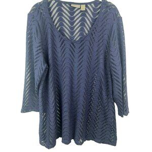 Chico’s Top Crochet Mesh 3 US XL Open Blue 3/4 Sleeve Blouse Pullover Bohemian
